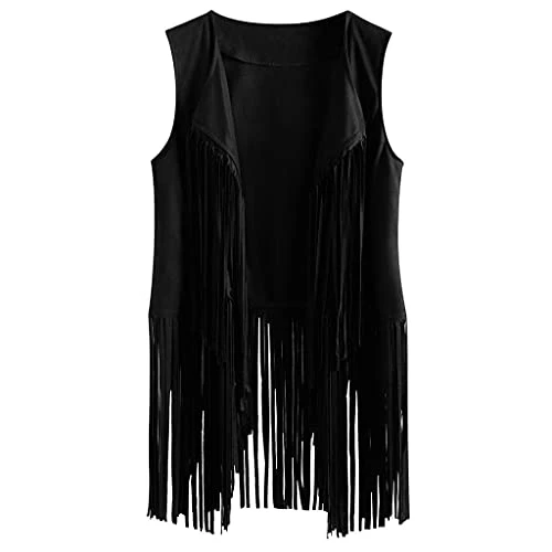 Faux Suede Leather Fringed Waistcoat Women Cowgirl Themed Party Hippy 70s Fancy Dress Costumes Ethni