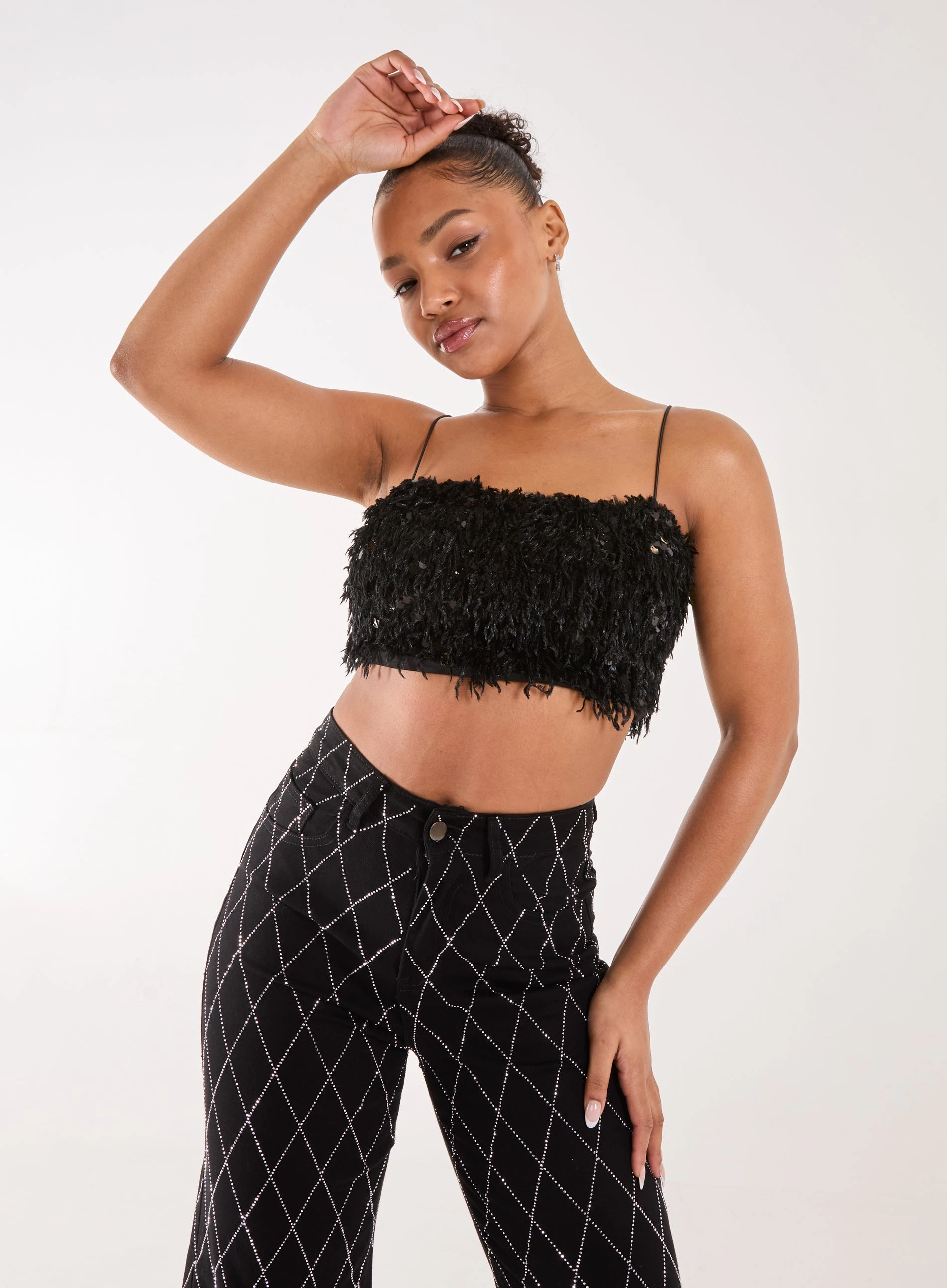 Feather Sequin Cami Top BLACK