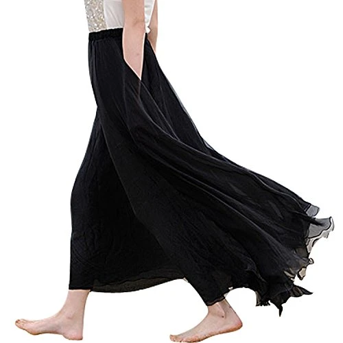 Female Summer Casual Chiffon Long Maxi Skirt Bohemian Style Dress (Black)