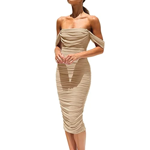 Festive Dresses Girls Women Summer Off Shoulder Ruched Bodycon Dresses Sleeveless Sexy Party Club Mi