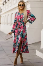 Fiery Red V Neck Elastic High Waist Split Floral Dress - RED / / 100%POLYESTER