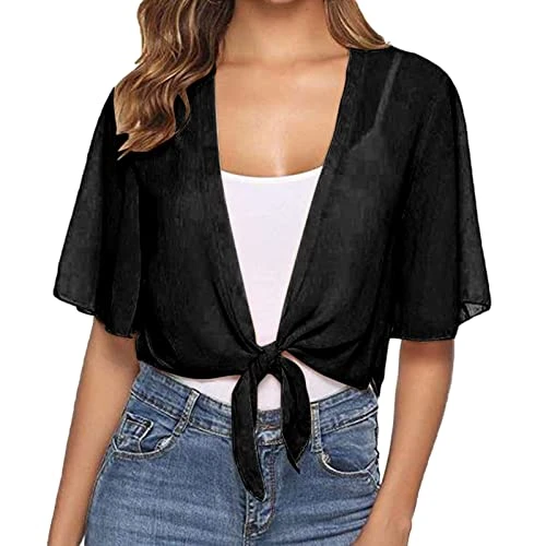 Fine Knit Women's Chiffon Bolero Cardigan with Short Sleeves and Short Sleeves Cardigan for Men, black, S