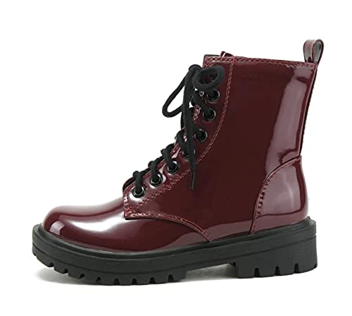 FIRM - Lug Sole Combat Ankle Bootie Lace up w/Side Zipper, Burgundy Patent, 5.5 UK