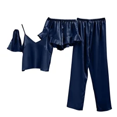 Five-piece set of pyjamas that can be worn in four seasons, black trousers, home service set, lightweight and comfortable pyjamas for women, terry cloth, women's 44, navy, S