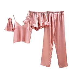 Five-piece set of pyjamas that can be worn in four seasons, black trousers, home service set, lightweight and comfortable pyjamas for women, terry cloth, women's 44, pink, S