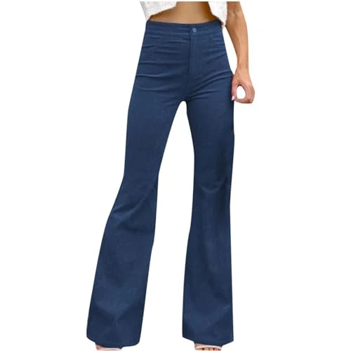 Flared Trousers for Women UK Work Trousers Women's Corduroy Vintage Long Flared Trousers High Waisted Cargo Pants Wide Leg Trousers for Women UK Solid Color Loose Straight Leg Trousers Blue