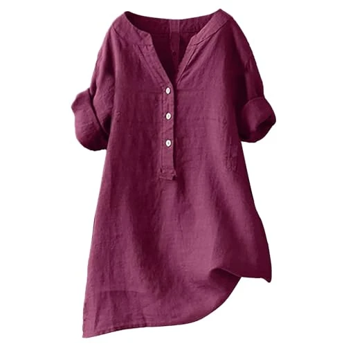 Flash Deals of The Day Women Tops Linen Medium Sleeve Button Down Blouse Solid Color Printed Clothing 2024 Summer Fashion V Neck Casual Comfortable Womens Shirt fo Warehouse Clearance Bargains Sale