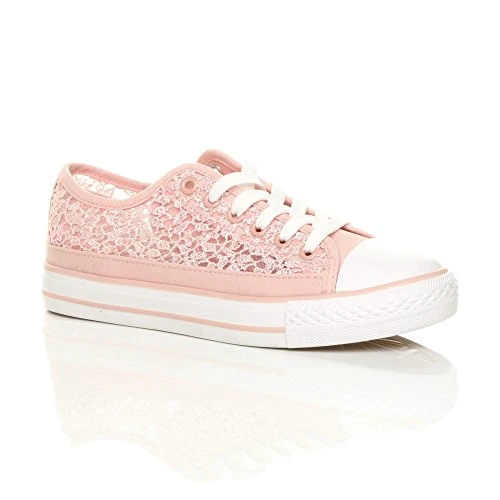 Flat lace up mesh Sequin lo-top Baseball Trainers Size 3 36 Pink White