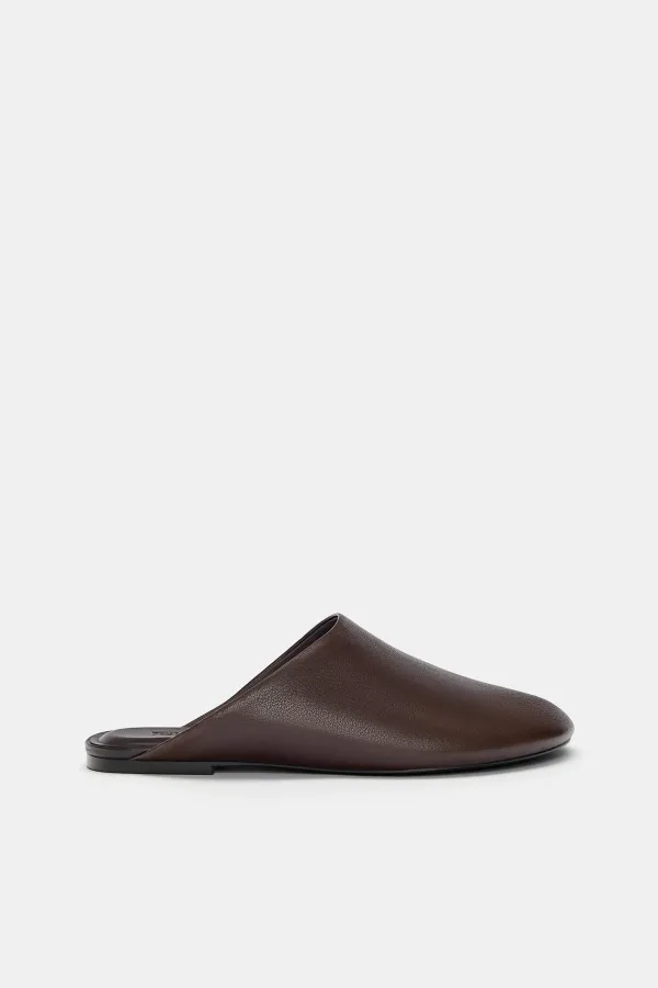 Flat Leather Mule Shoes - Brown