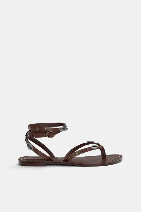Flat Leather Sandals With Beads - Brown