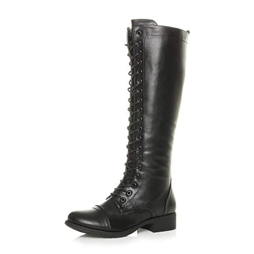 Flat Low Block Heel lace up Zip Calf Biker Military Boot Size 4 37 Black