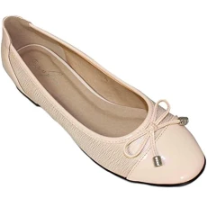 FLC006 Valencia Ladies Bow Accent Patent Smart Casual Pumps Flats Dolly Shoes [Beige, UK 6]