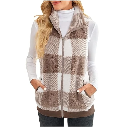 Fleece Gilet for Women UK Plaid Fur Gilet Teddy Zip Up Vest Sherpa Fluffy Waistcoat Body Warmer Ligh