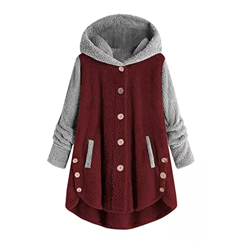 Fleece Jackets Patchwork Pajamas for Women UK Soft Plush Nightgown Ladies Thermal Nightwear Winter Hooded Sleepwear Coats Colour Block Button Long Sleeve Pyjamas Lightweight Hoodies Jumpers