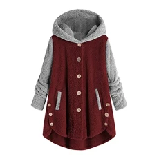 Fleece Jackets Patchwork Pajamas for Women UK Soft Plush Nightgown Ladies Thermal Nightwear Winter Hooded Sleepwear Coats Colour Block Button Long Sleeve Pyjamas Lightweight Hoodies Jumpers