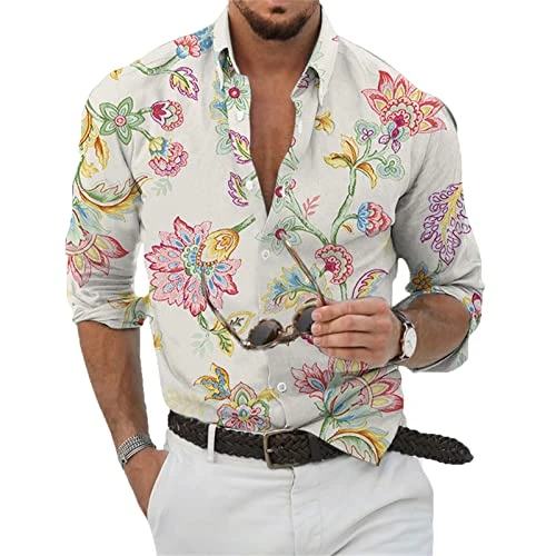 Floral 3D Printed Shirts for Men Long Sleeve Vintage Party Prom Club Hawaiian Shirt Mens Clothing S-