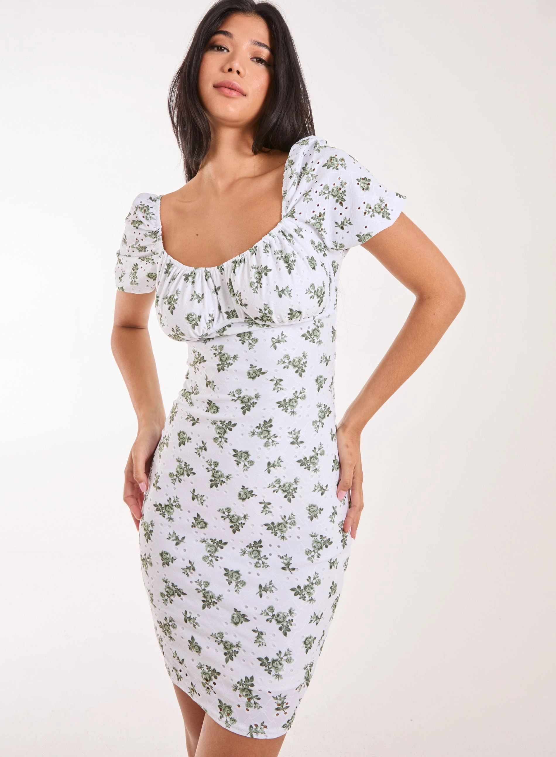 Floral Broderie Puff Sleeve Dress  - 6  - GREEN PATTERN