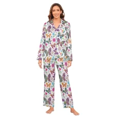 Floral Butterfly Women's Satin Pyjamas Set Long Sleeve Button Down Sleepwear XXL Multicolor