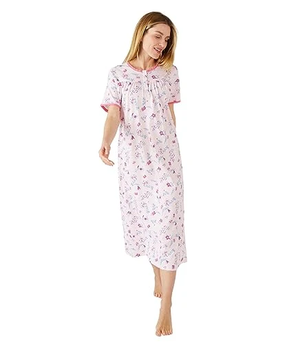 Floral Cotton Jersey Nightdress Women Nightwear Round Neck Short Sleeves Pink