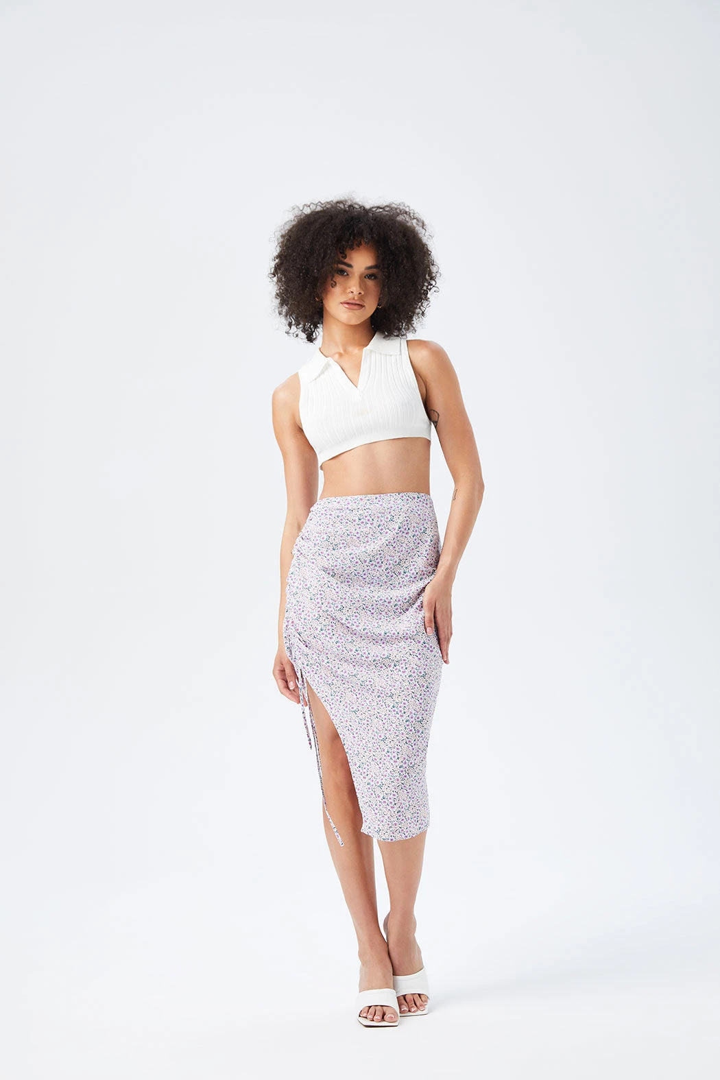 Floral Drawstring Side Midi Skirt White /