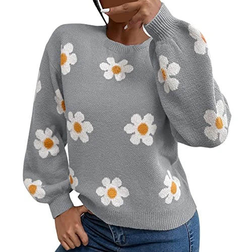 Floral Jacquard Knitted Jumper Women's Top 2022 Autumn and Winter European and American Round Neck Jumper Women's Cardigan Cream Women's Pullover Crew Neck, blue, L