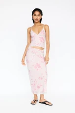 Floral Midi Skirt With Gathering - Pink