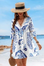 Floral Paisley Print Lace Dress - Blue Floral Paisley Print Lace Dress - Blue