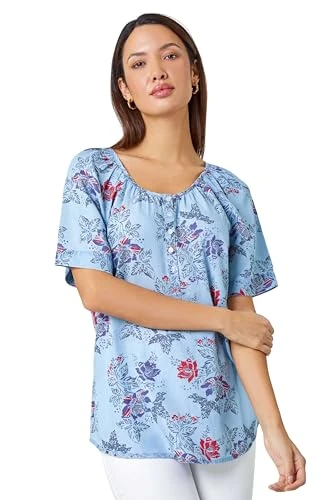 Floral Print Button Detail Top for Women UK - Ladies Everyday Holiday Spring Summer Round Neckline C