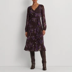 Floral Print Georgette Midi Dress - Brown
