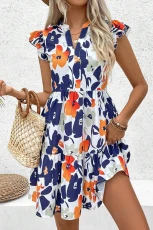 Floral Print Notched Neck Flutter Sleeve Mini Dress - Orange /