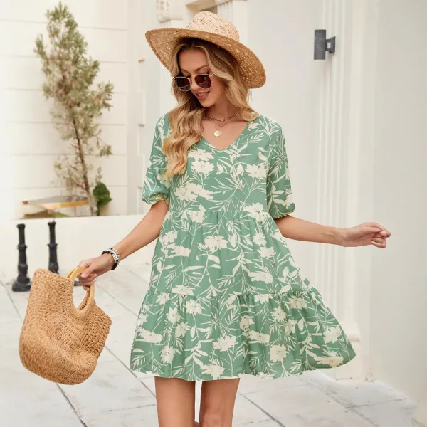 Floral Print Short V-Neck Dress - Green / L