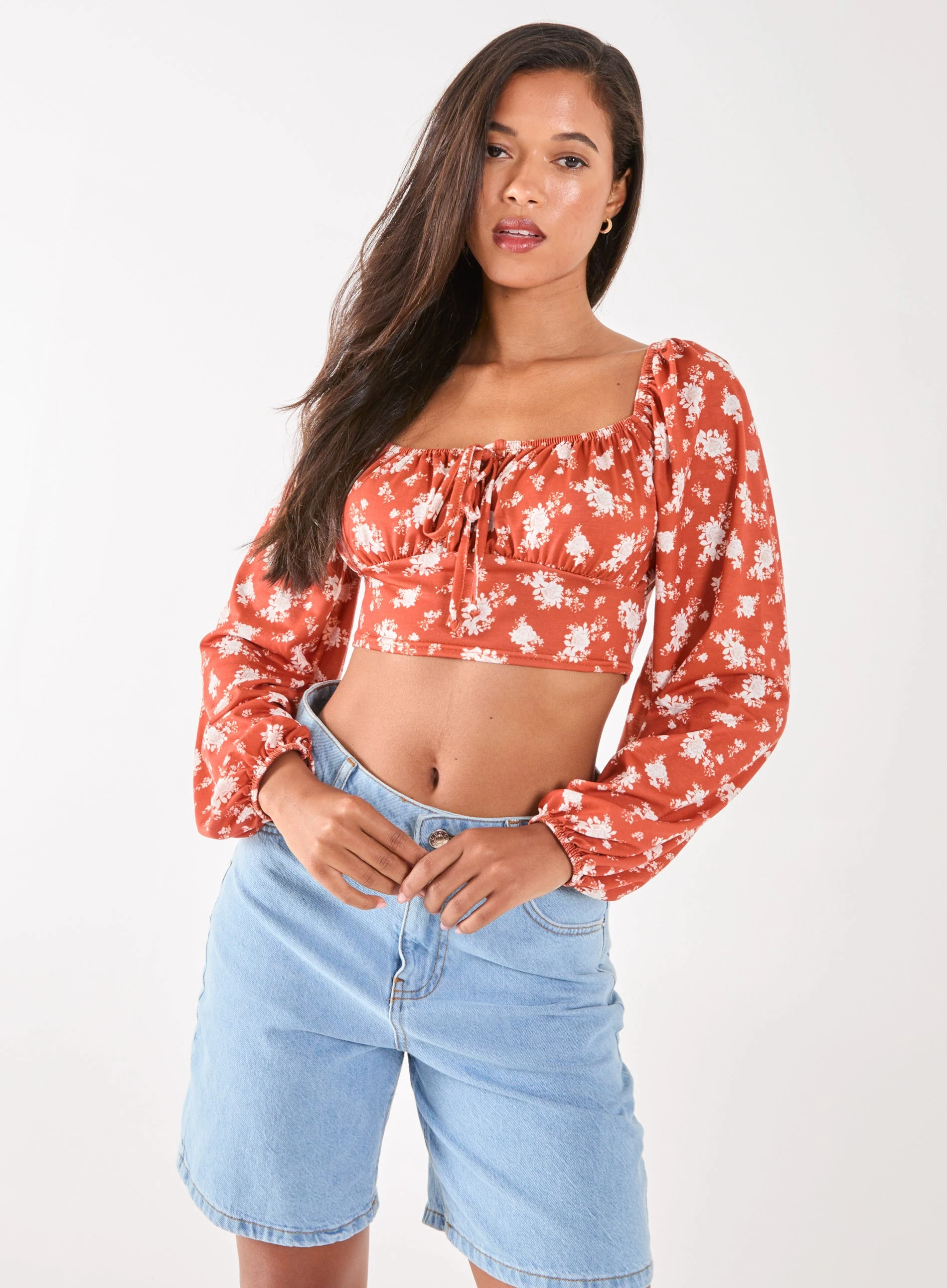 Floral Printed Long Balloon Sleeve Top  - L  - Burnt Orange