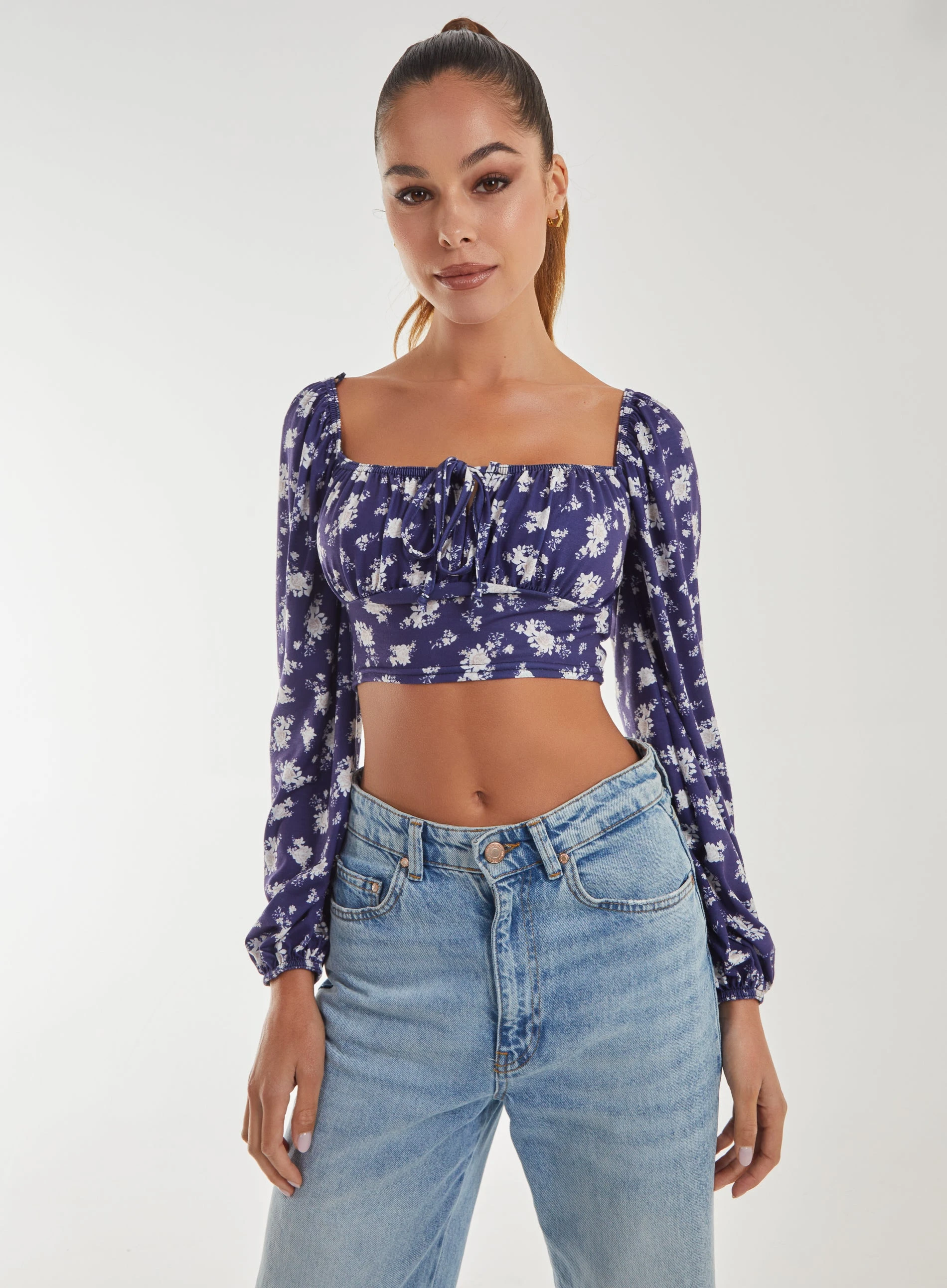 Floral Printed Long Balloon Sleeve Top  - S  - Navy