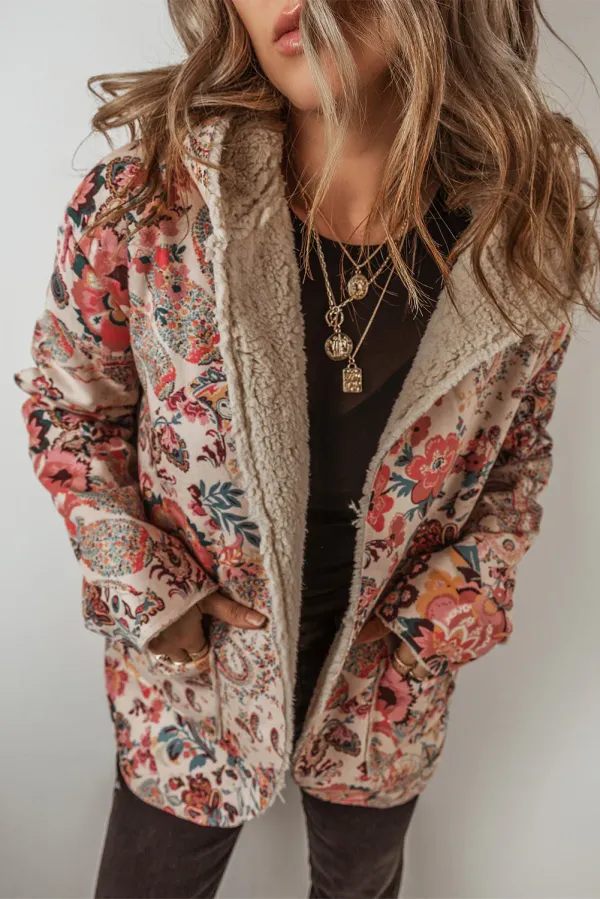 Floral Printed Sherpa Lined Hooded Jacket - Beige /