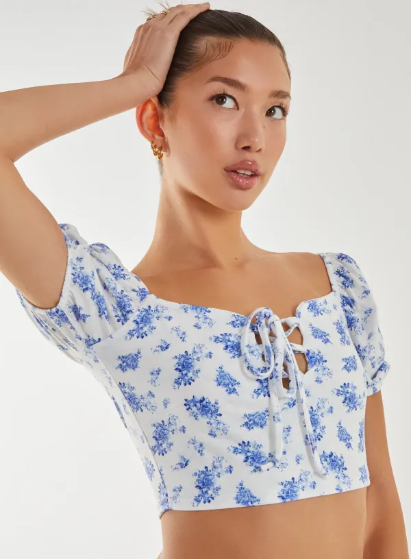 Floral Puff Sleeve Crop Top - M - Blue