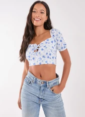 Floral Puff Sleeve Crop Top BLUE PATTERN