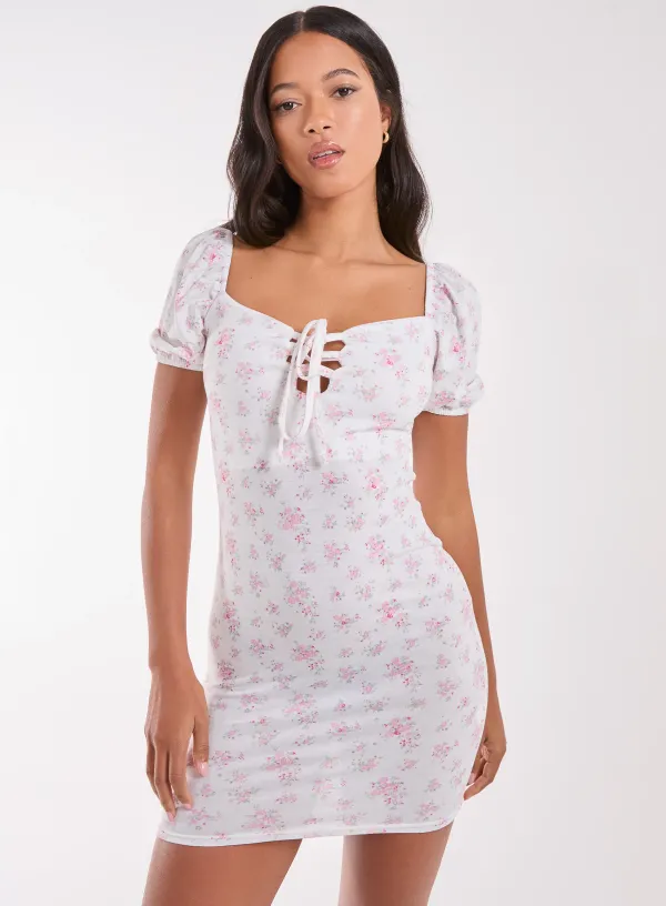 Floral Puff Sleeve Mini Dress PINK PATTERN