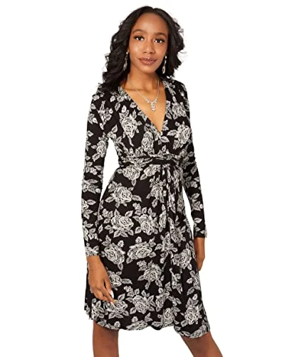 Floral Rose Print Long Sleeve Dress with Knot (Stone, 10 UK), 5285-STN-10