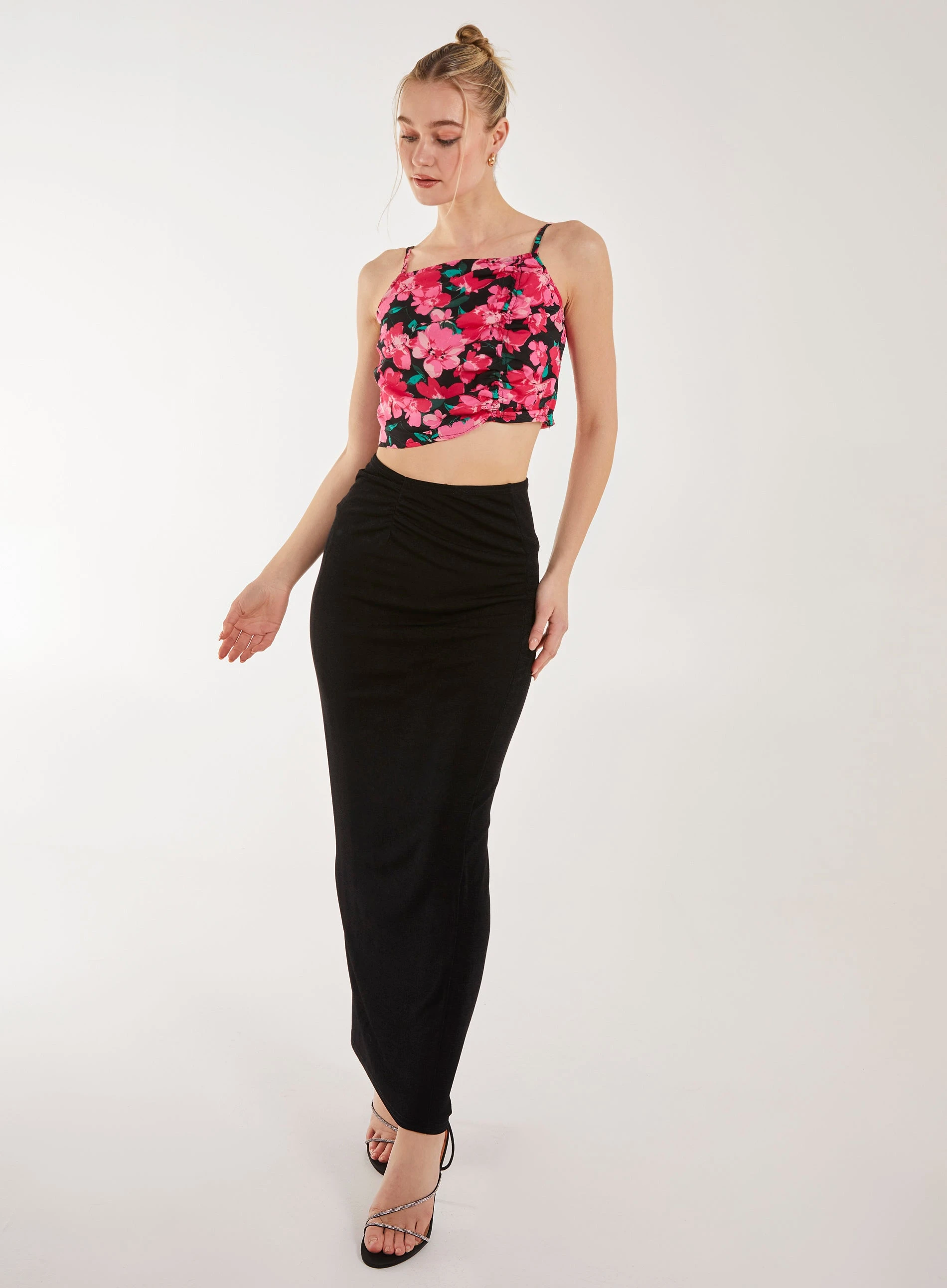 Floral Ruched Cami Top Pink/Black