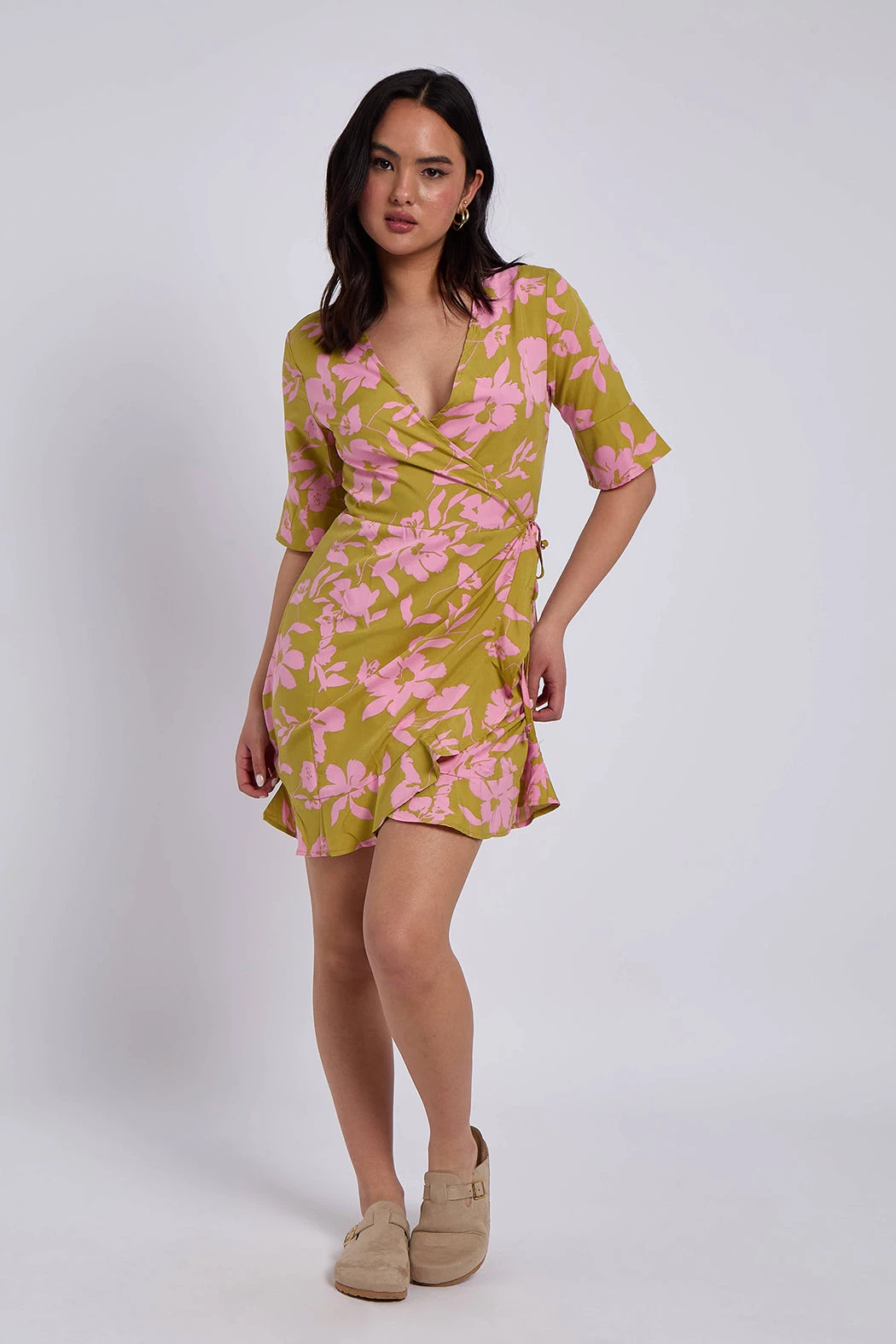 Floral Wrap Mini Dress Green /
