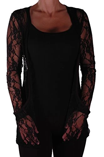 Florence Casual Lightweight Lace Waterfall Shrug Open Cardigan Black L/XL