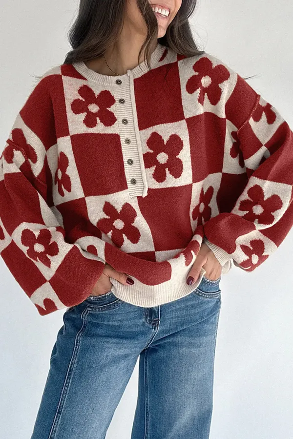 Flower Colourblock Checkered Henley Sweater - Red / L