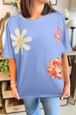 Flower Patched Exposed Stitching Trim Crew Neck Loose Tee ky Blue /