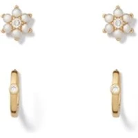 Flower Pearl Stud and Huggie Set - Gold