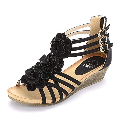 Flower Peep Toe Mid Heel Strappy Gladiator Roman Wedge Sandals Black 36 EU / 3 UK