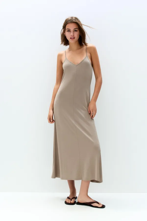 Flowing Strappy Midi Dress - Sand