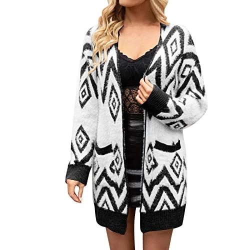 Fluffy Cardigan Fluffy Cardigan Women's Jacquard Cardigan Women Coat Plus Size Warm Print Long Sleeve Open Front Winter Fashion Cardigan Outwear Pullover Tops Autumn Clothing Women, black, XL