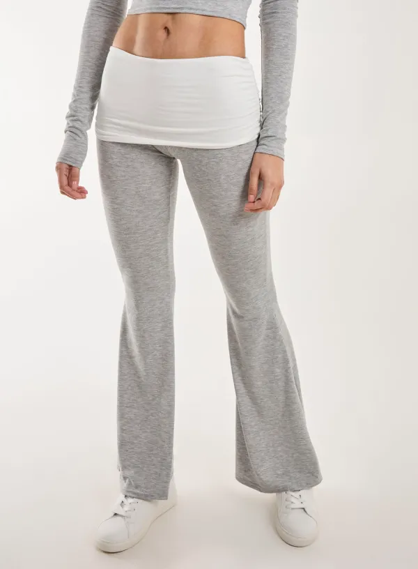 Fold Over Two Tone Flared Leggings - - GREY