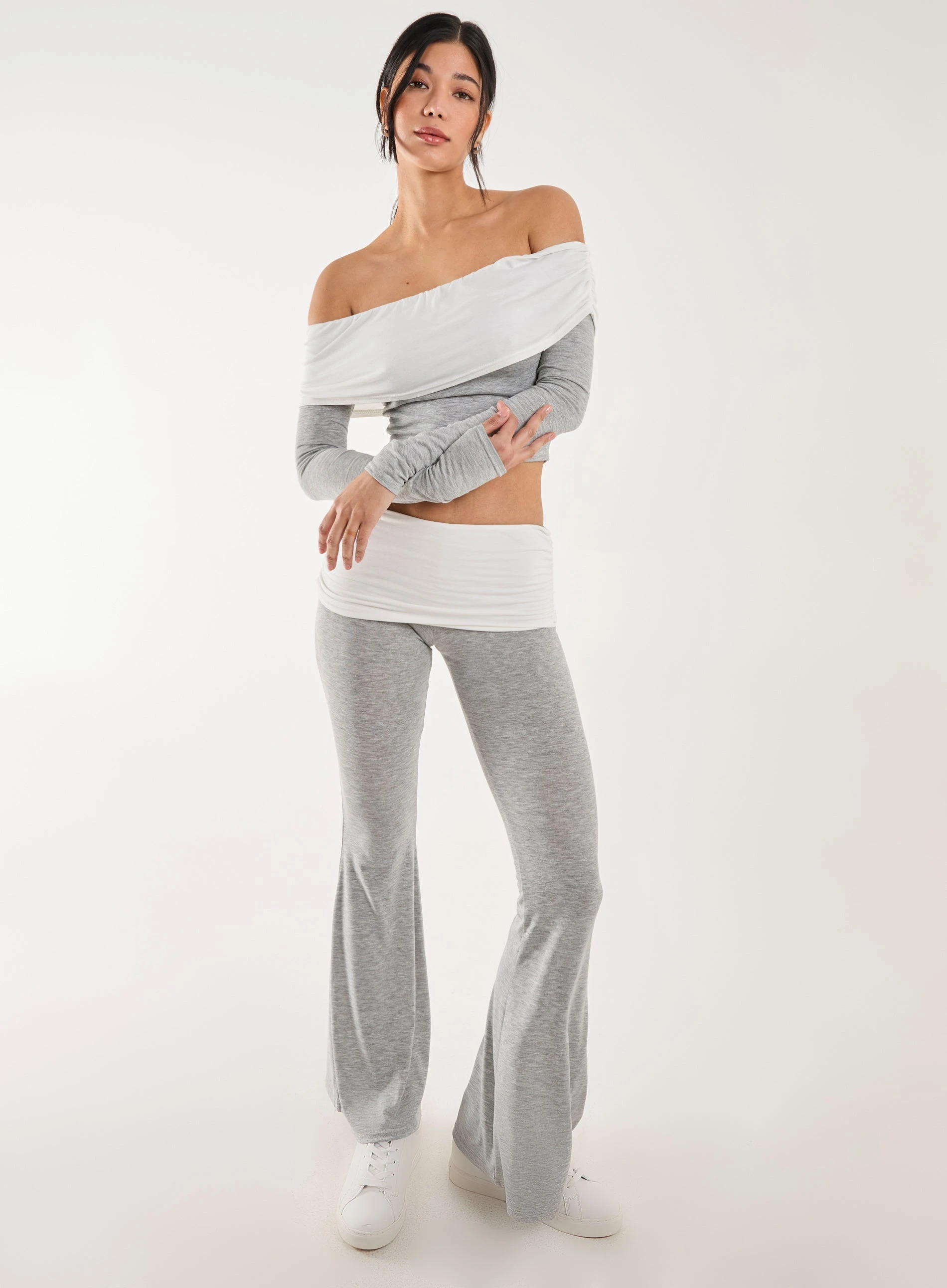 Fold Over Two Tone Flared Leggings GREY