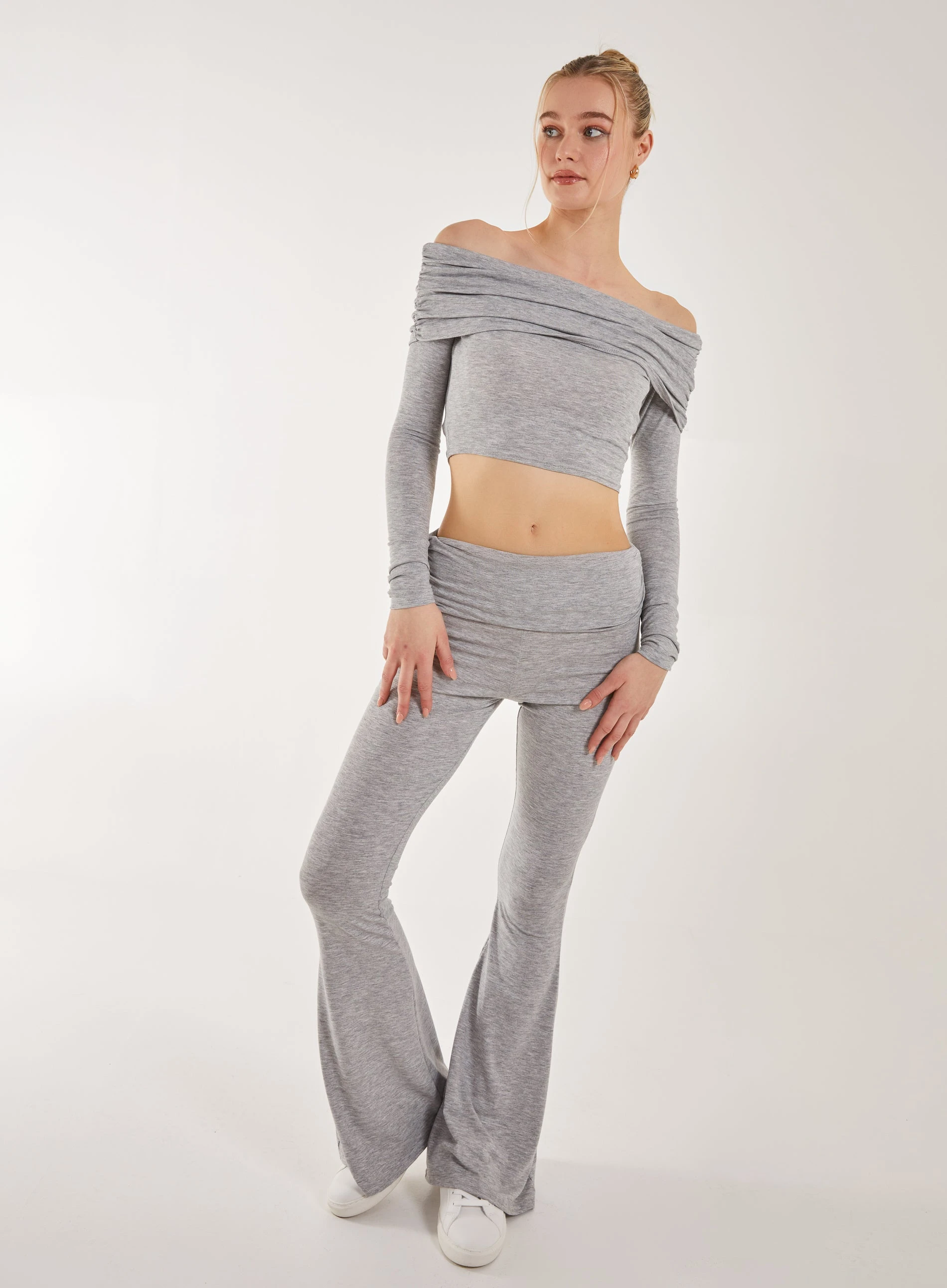 Fold Over Waist Lounge Flares  - L  - Grey